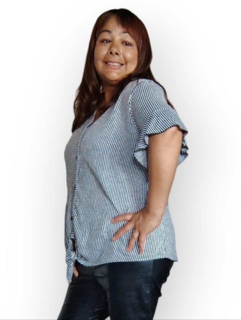 GYFT Gray Striped Ruffled Sleeve Top Women's Size Medium